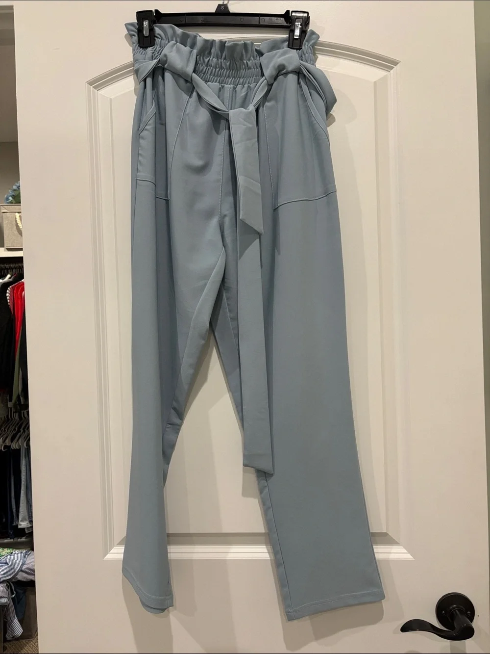 High-Waist Paperbag Wide-Leg Pants in Light Blue
